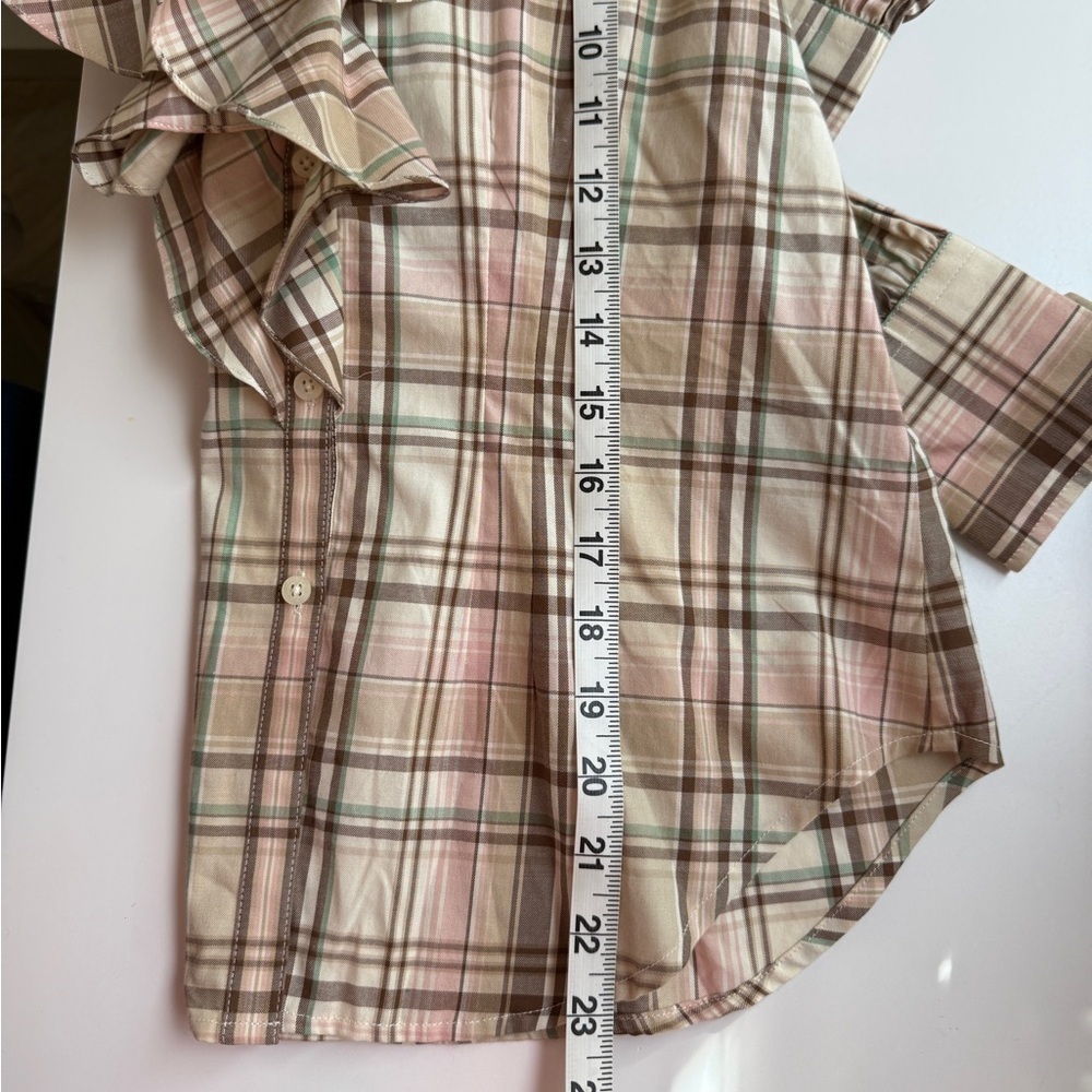 Ralph Lauren Ruffle Collared Button Down Beige Pink Plaid Blouse Petite - Picture 8 of 8
